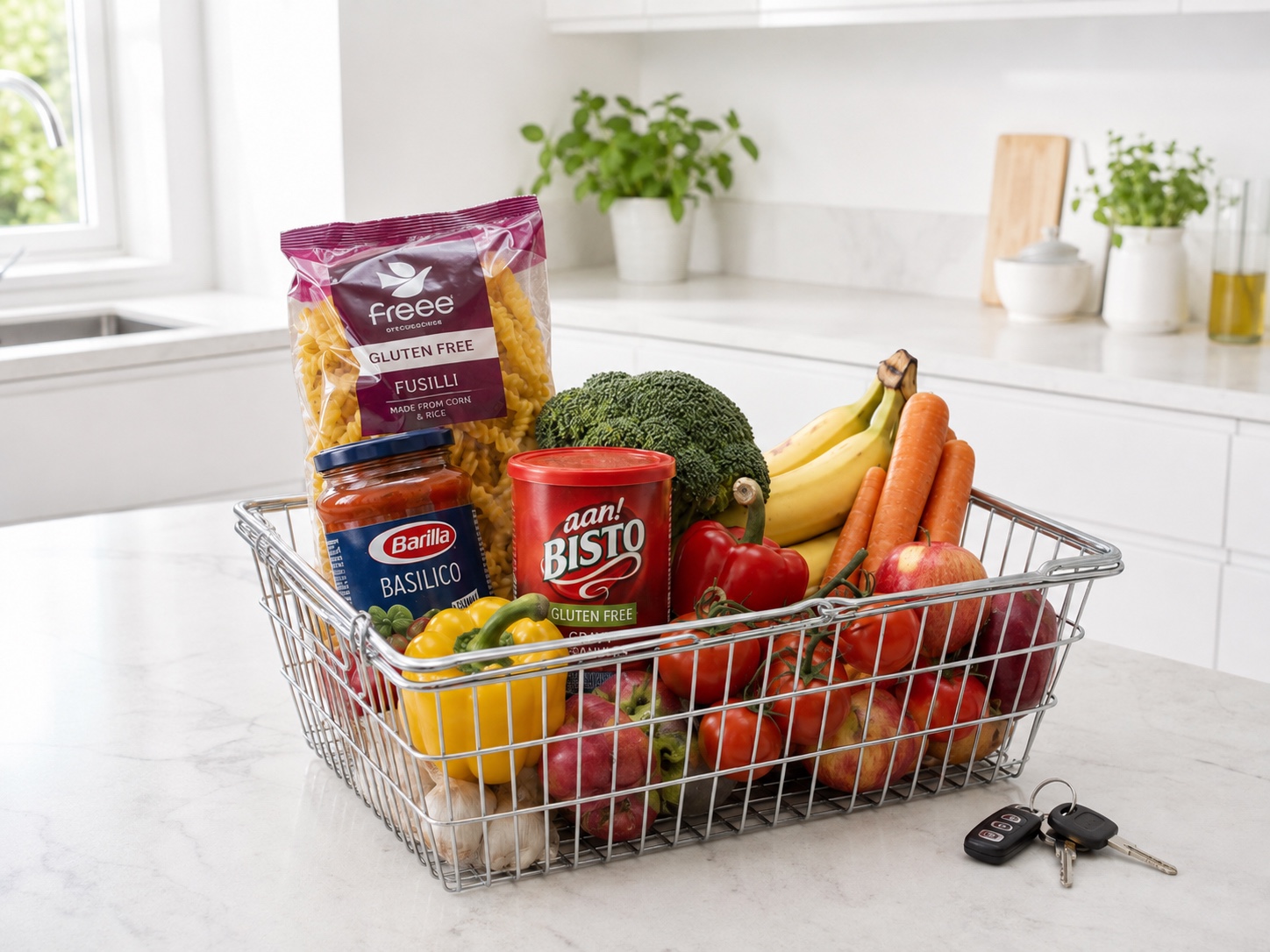 Basket of everyday food in a kitchen