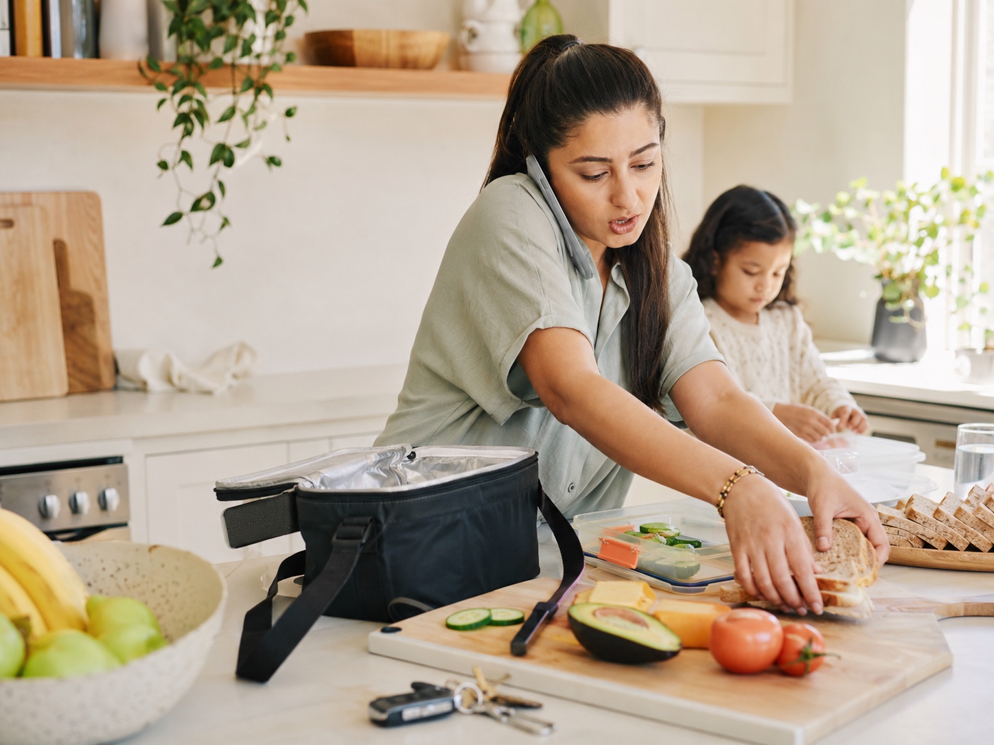 Busy mum preparing a packed lunch while on the phone