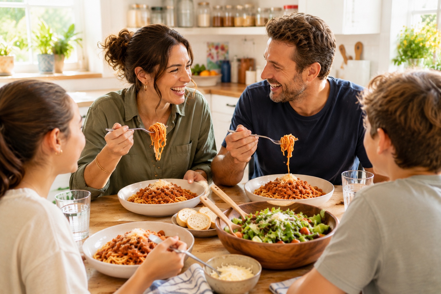 Family enjoying spaghetti bolognese together