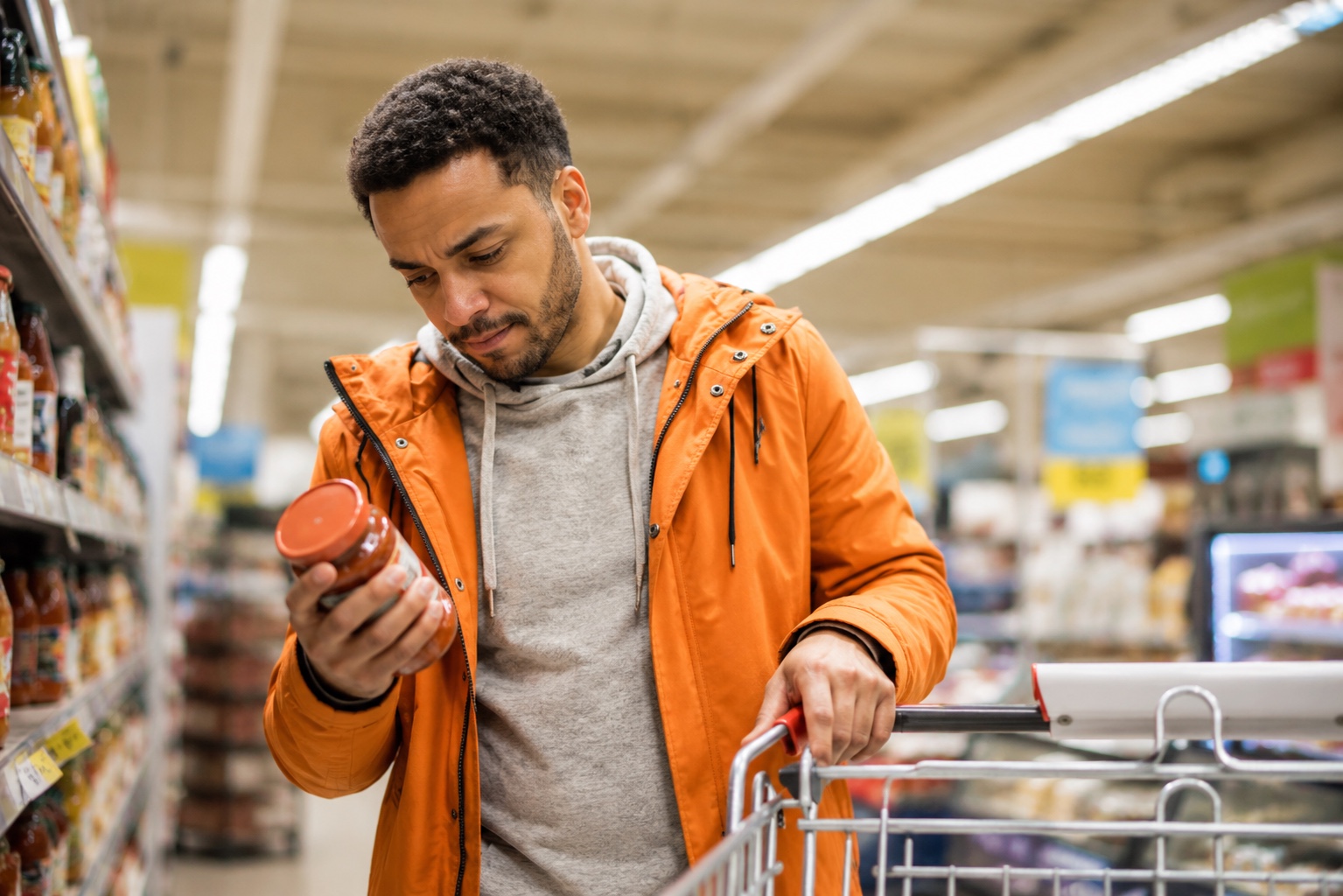 Man checking a food label in the supermarket