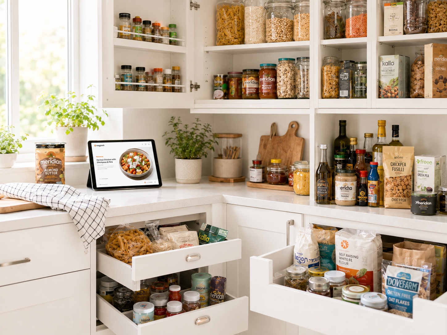Bright kitchen pantry stocked with everyday free-from foods